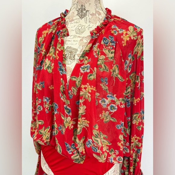 MISSGUIDED  Red floral surplice poet sleeve bodysuit size 10 - Picture 10 of 15